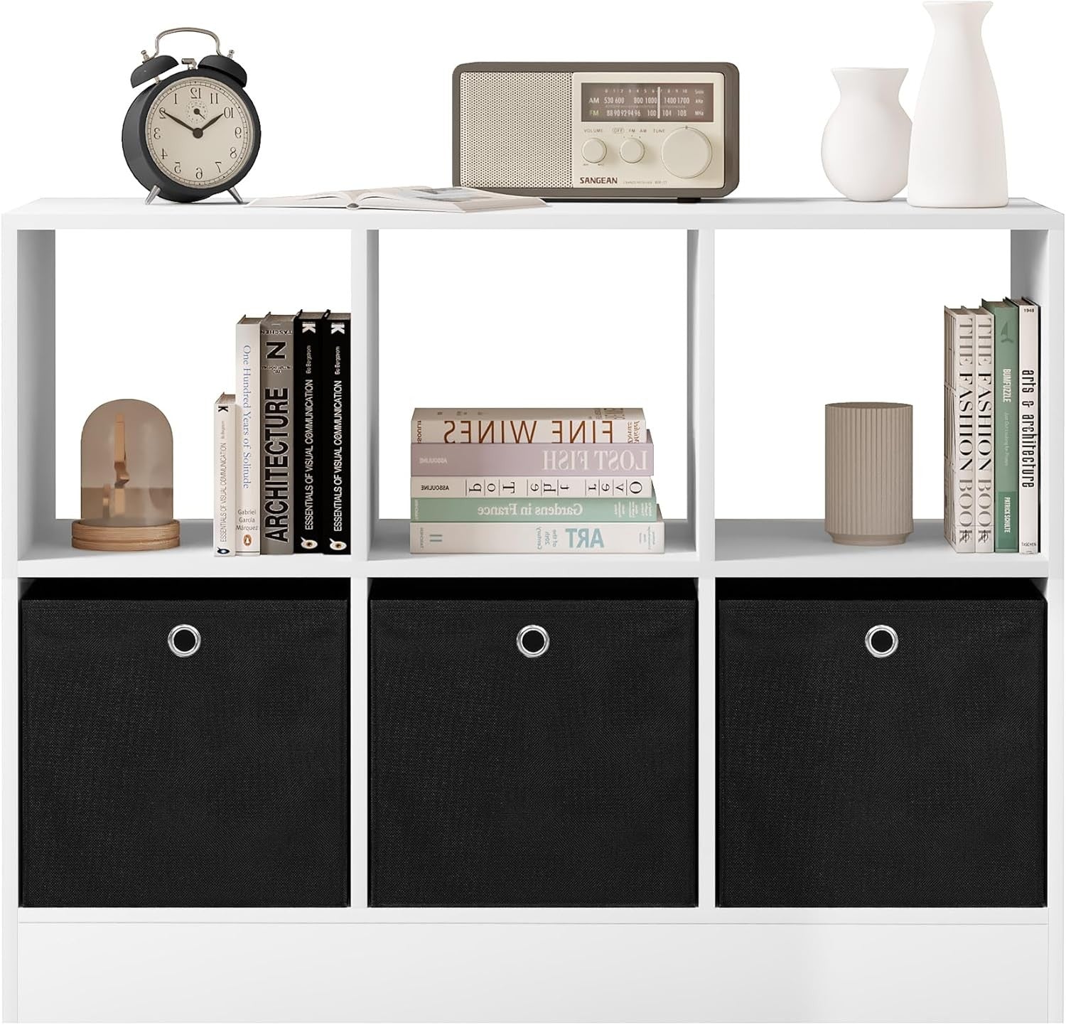 Modern 6-Cube Storage Bookcase with Fabric Drawers | Wide Display Shelf Unit