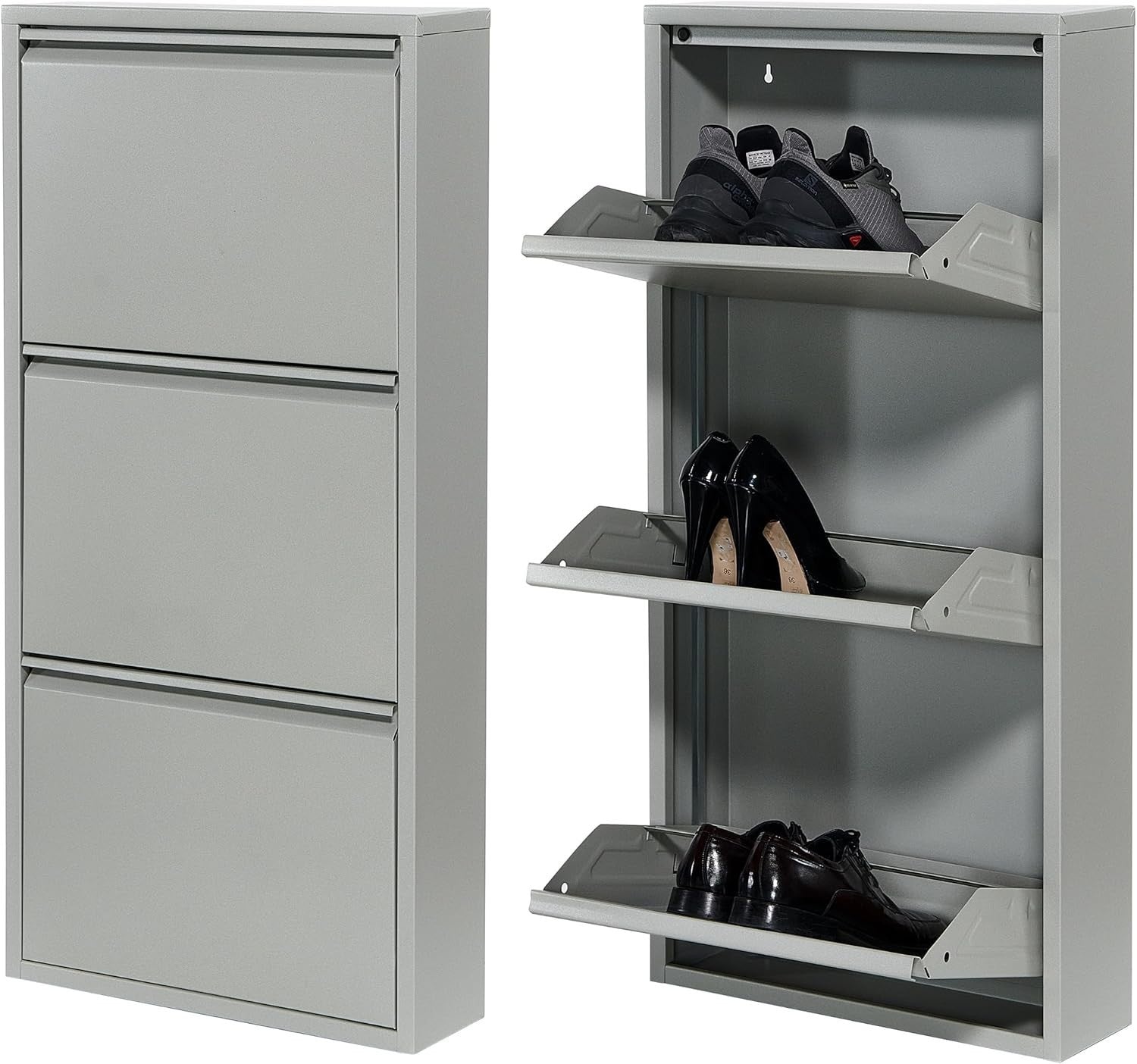 Slim Wall Mounted Shoe Cabinet 3 Drawer Metal Organizer Grey 104cm