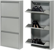 Slim Wall Mounted Shoe Cabinet 3 Drawer Metal Organizer Grey 104cm