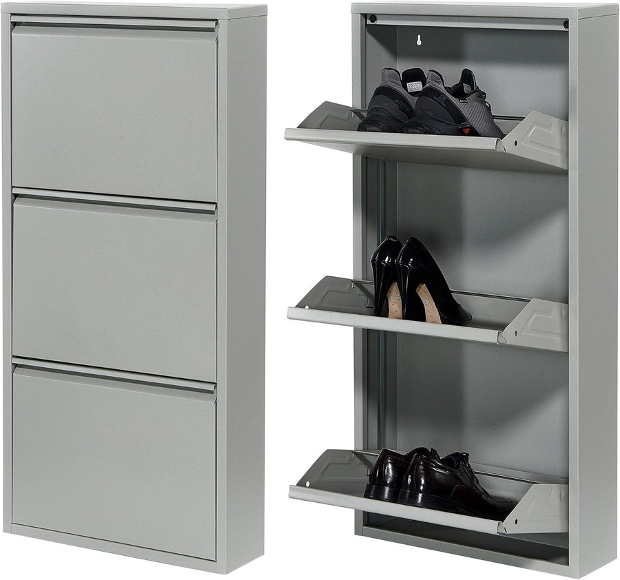 Slim Wall Mounted Shoe Cabinet 3 Drawer Metal Organizer Grey 104cm
