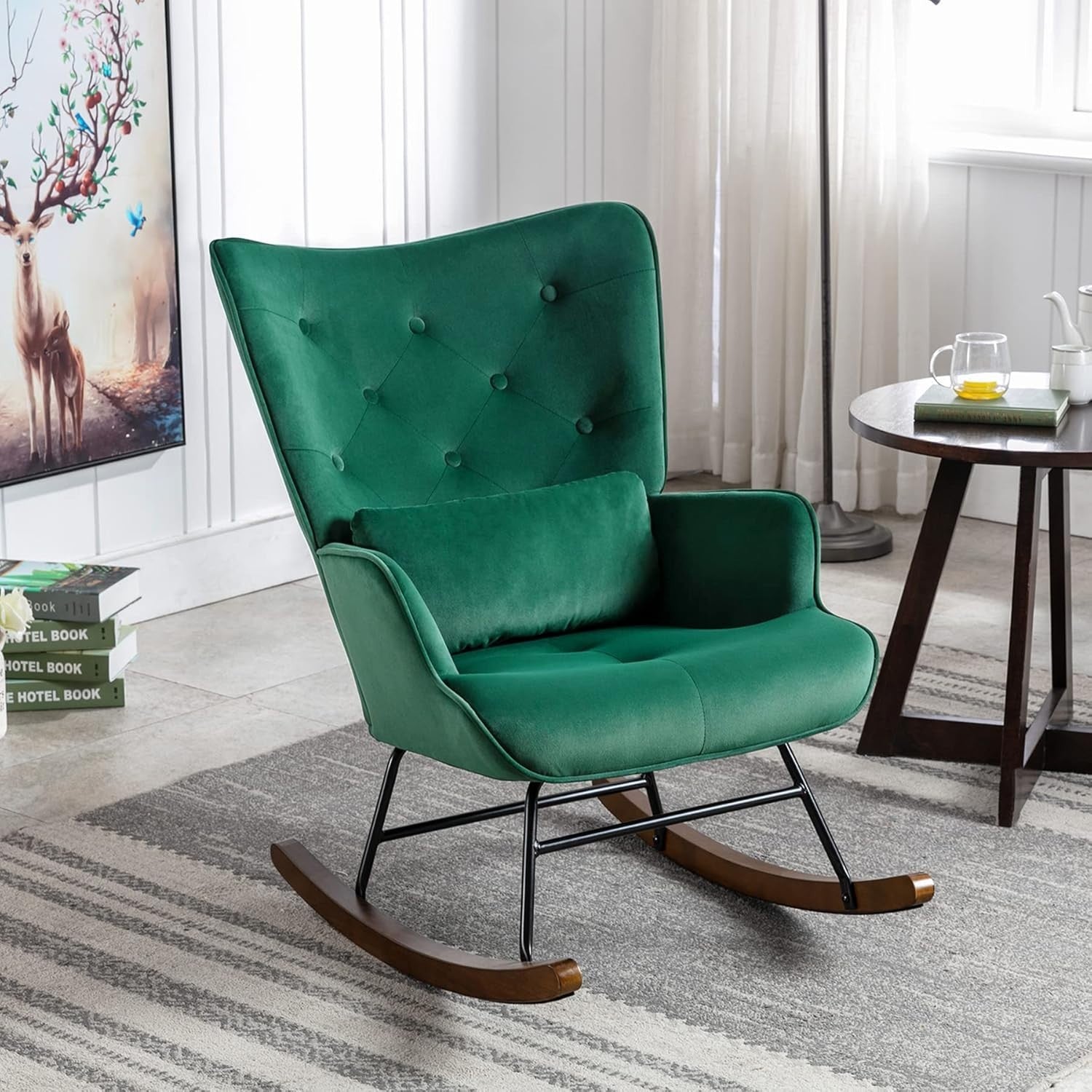 Velvet Rocking Chair for Adults – Comfy Armchair, Solid Wood Legs, Stylish Recli