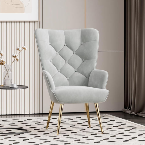 Velvet Wingback Armchair Grey Gold Legs Comfy Lounge Chair 150kg Load