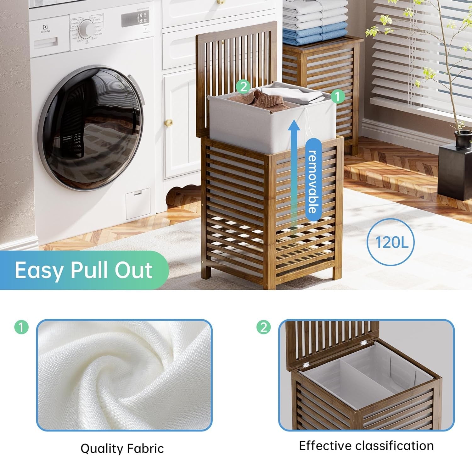 Walnut Bamboo Double Laundry Hamper with Lid 120L 2 Section Basket 47x47x65cm