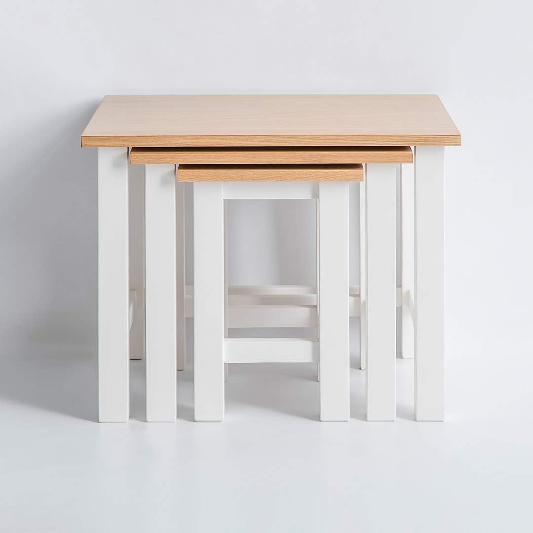 White Wood Nesting Coffee Tables Set of 3 Oak Top Contemporary Already Assembled
