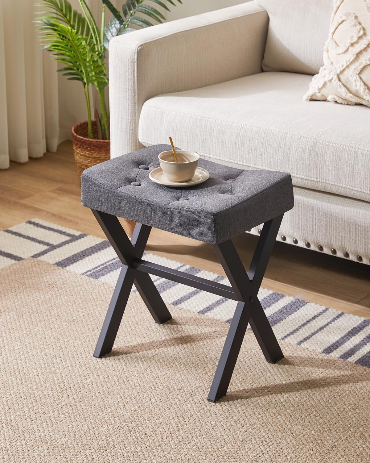 Dark Gray U-Shaped Vanity Stool with X-Leg – Linen Makeup Ottoman Seat