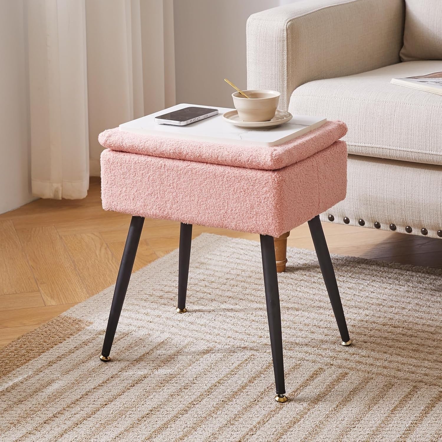Pink Teddy Fur Vanity Stool with Storage – Soft Ottoman Chair for Bedroom