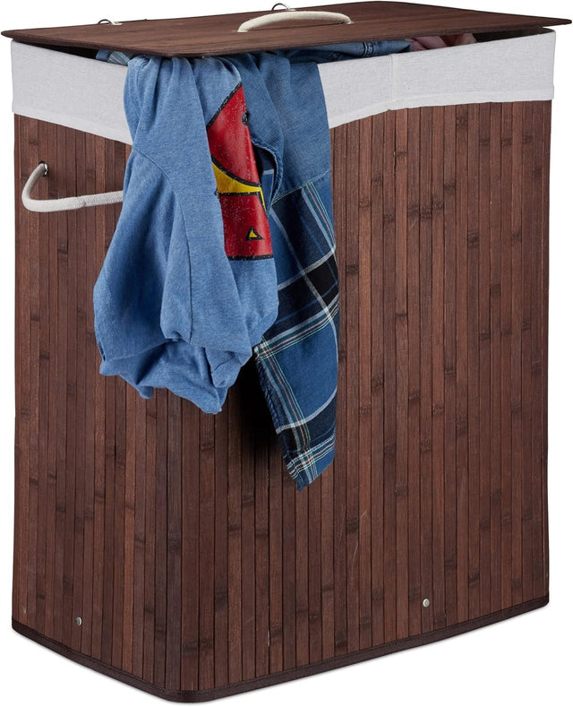 100L Bamboo Laundry Hamper 2 Compartment Basket with Lid & Removable Liners Brow