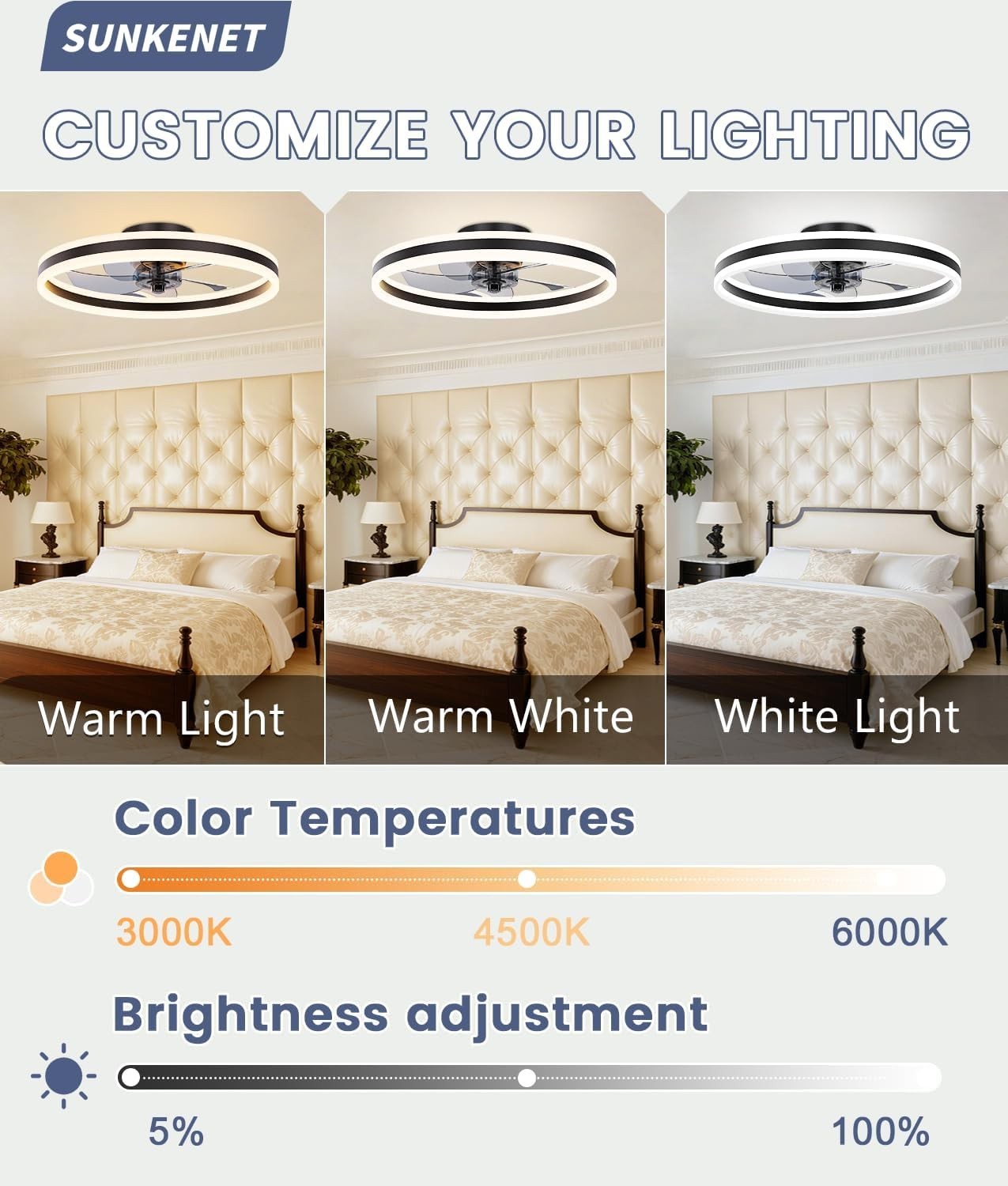 60cm Ceiling Fan Light, 6 Speeds, Dimmable LED, Reversible, Quiet Black Fan