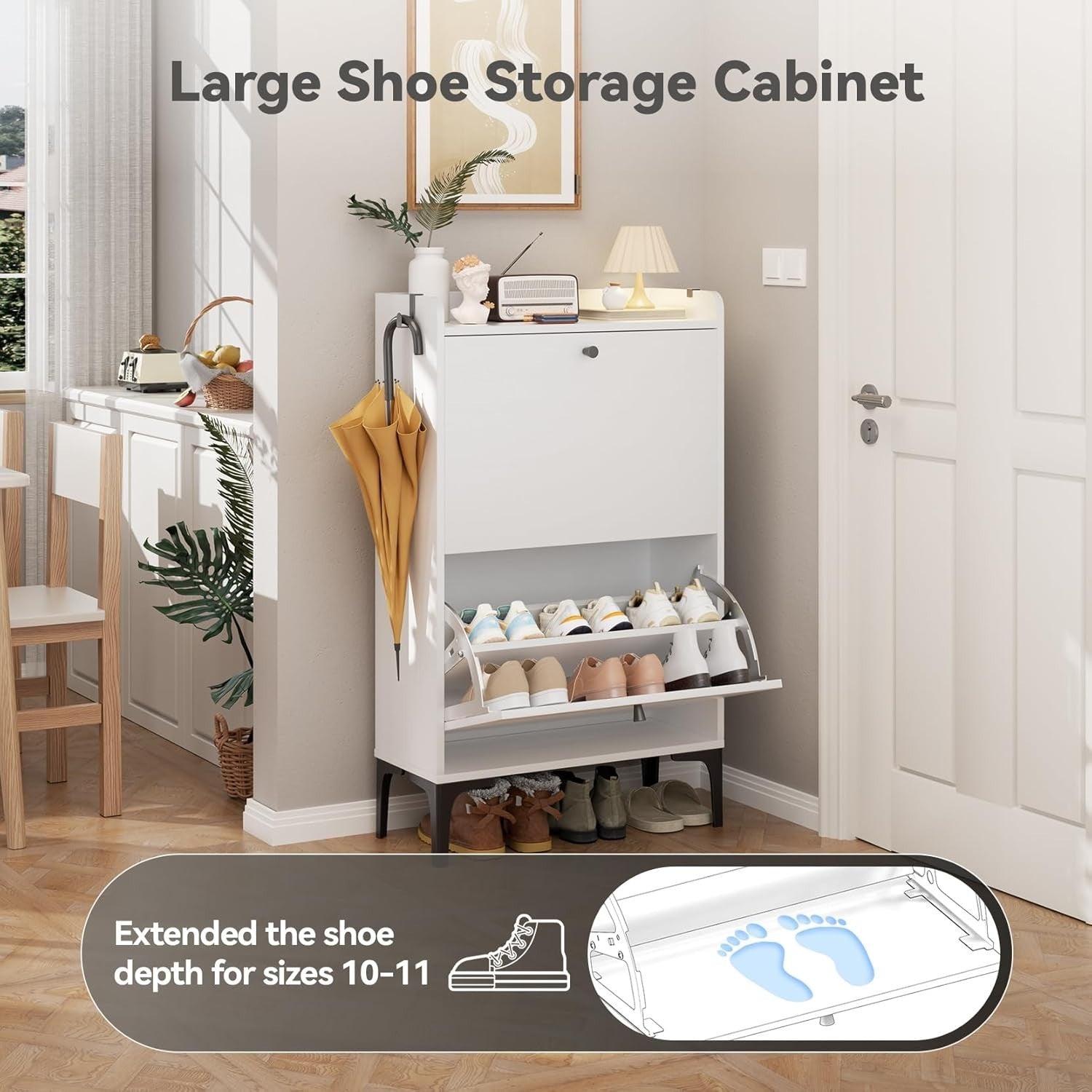 Shoe Cabinet 2 Flip Drawers Adjustable Dividers Sturdy Compact Hallway Storage
