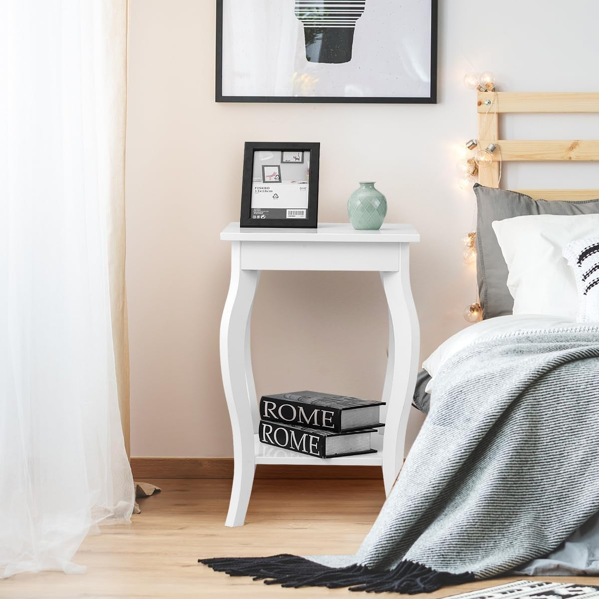 Set of 2 White Wooden Bedside Tables – Modern 2-Tier Side Tables 40×40×60cm