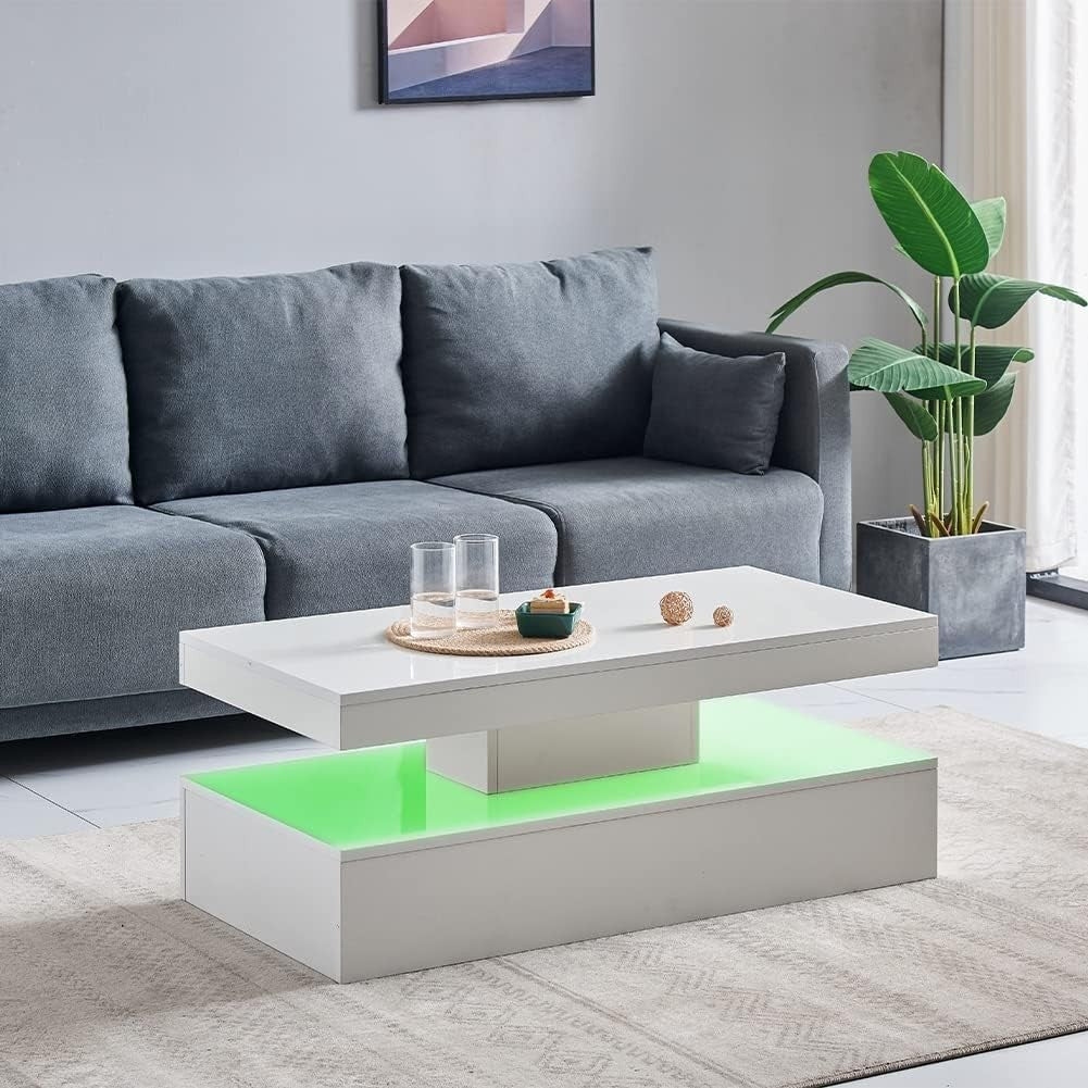Modern White High Gloss Coffee Table with 16-Color LED Lights & Large Capacity