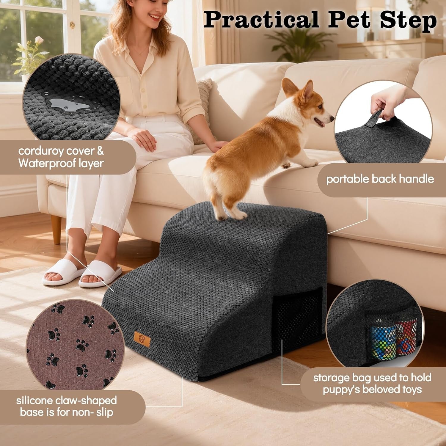 2 Step Dog Stairs for Bed Sofa Non Slip Washable Black 40x40x30cm