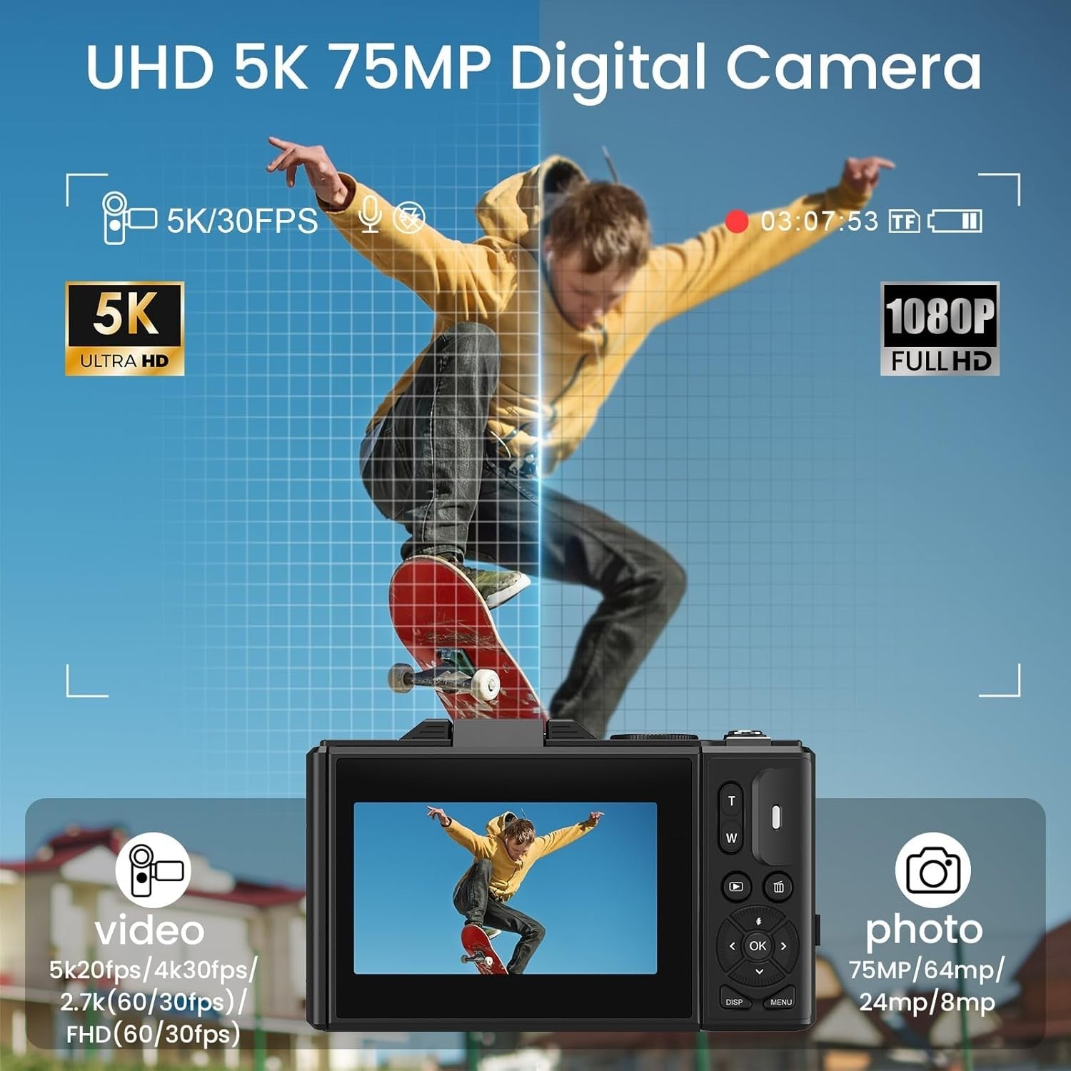 5K 75MP Digital Camera WiFi Vlogging Camera Flip Screen 64GB