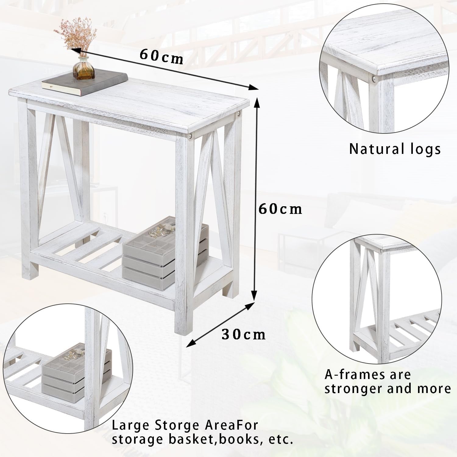 Slim Farmhouse End Table with Storage Shelf, Rustic White, Space-Saving