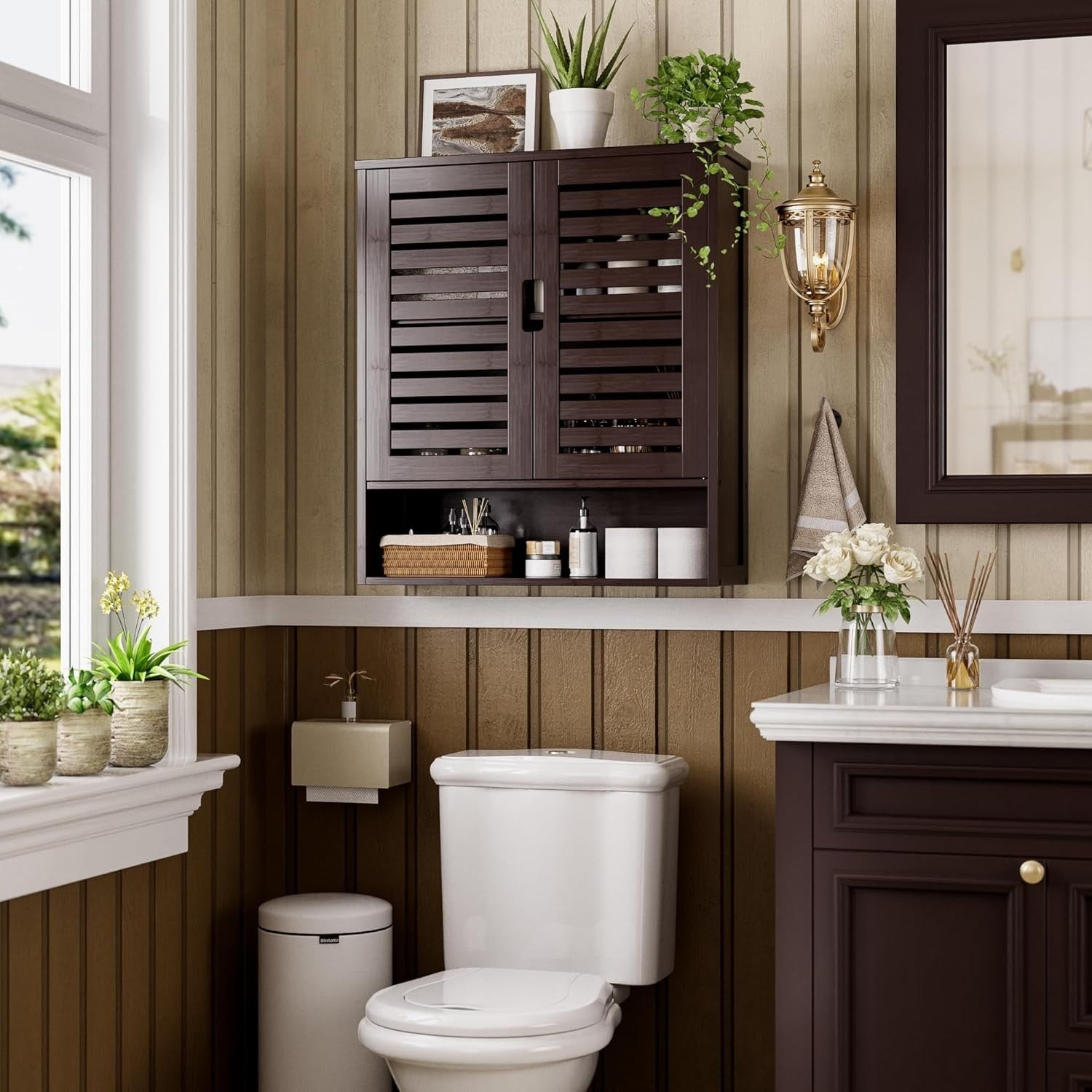 Brown Bathroom Wall Cabinet Storage – 2 Doors, Adjustable Shelves, Over Toilet