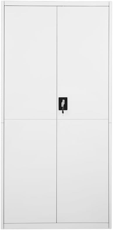 Tall Grey White Metal Storage Cabinet 2 Door Cupboard 5 Shelves 185cm