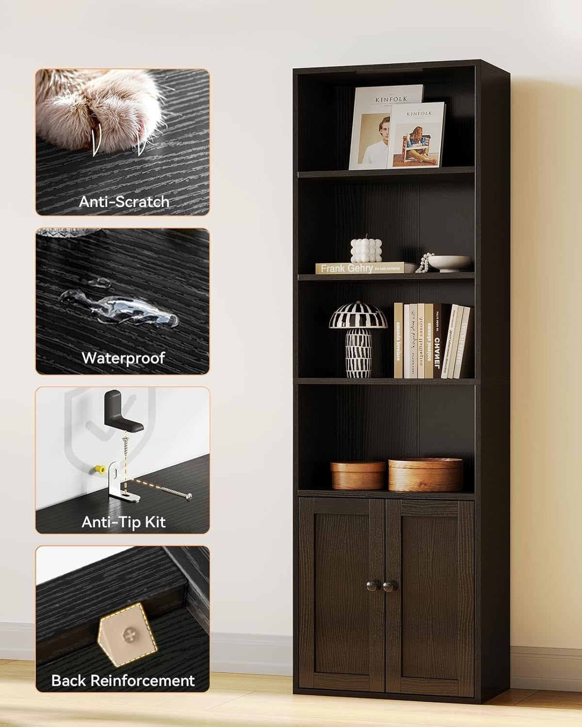 6 Tier Black Bookcase with Doors Tall Storage Cabinet Shelf 48x24x176cm Display