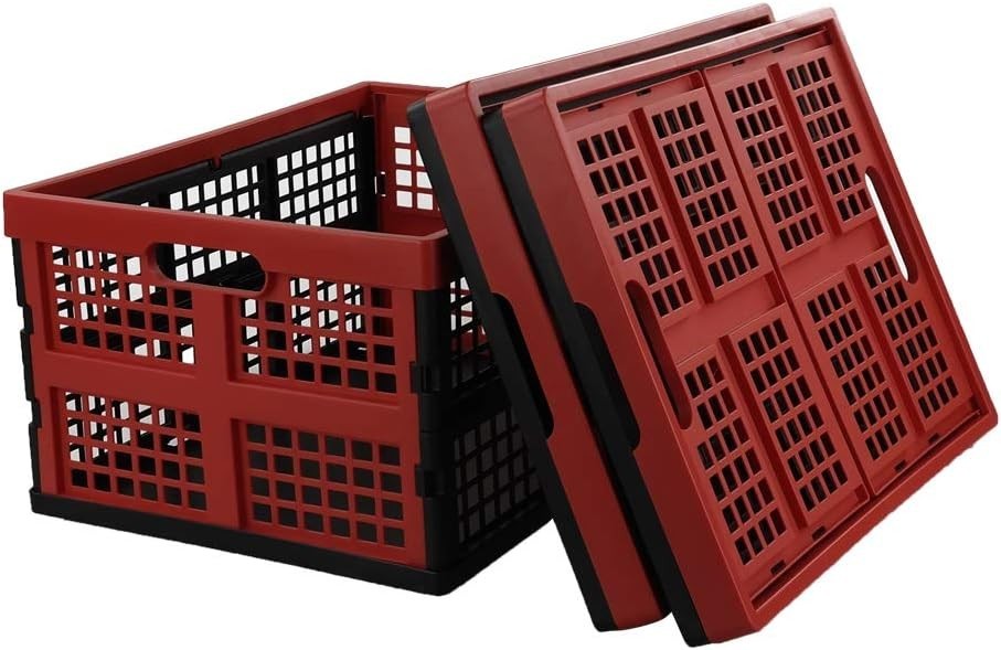 3 Pack Folding Plastic Storage Crates 32L 44.5x34.5x23cm Red