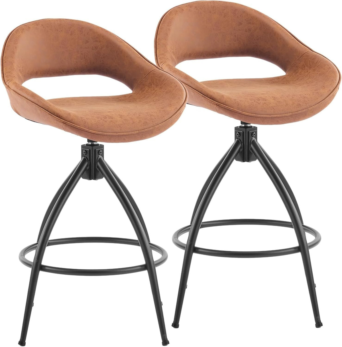 360° Swivel Bar Stools Set of 2 | Brown PU Leather Counter Chairs w/ Back