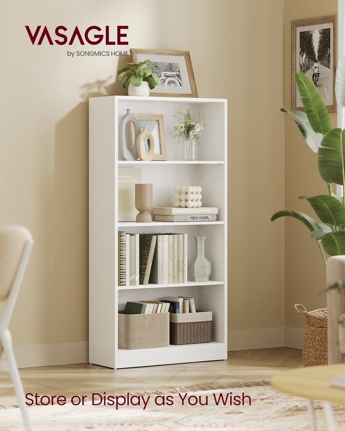 4-Tier White Bookcase Adjustable Shelves Modern Storage Unit 60cm Wide