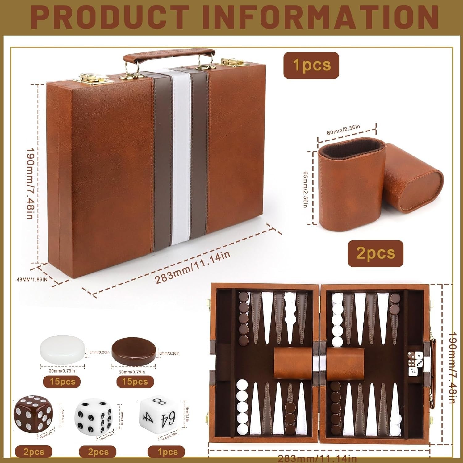 15” Travel Backgammon Set Leather Case Portable 2 Player Board Game