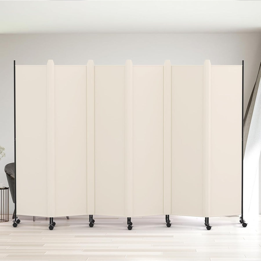 6 Panel Beige Folding Room Divider with Lockable Wheels 119x70 Inch