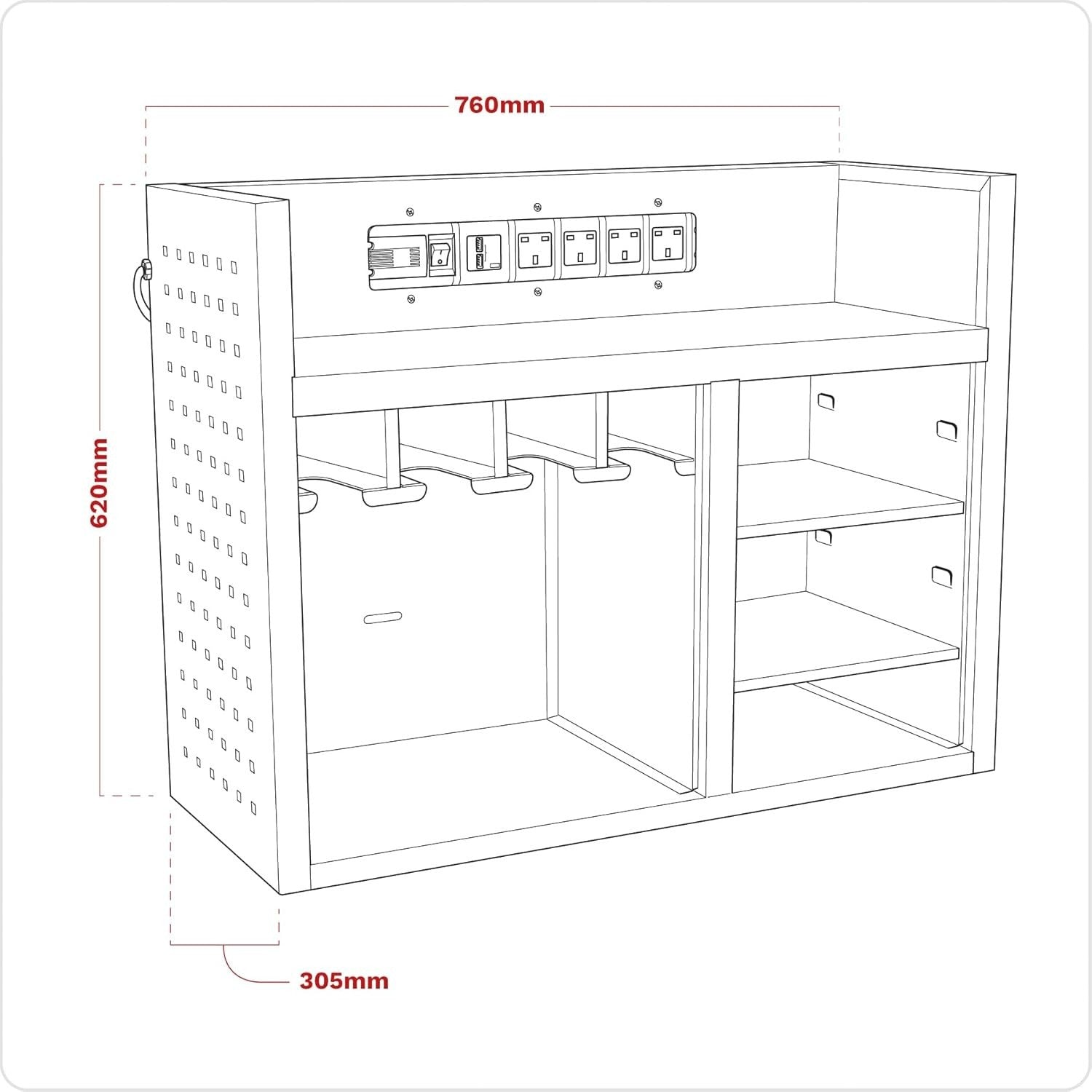 Wall-Mount Power Tool Rack 760mm – Storage Shelves with Power Strip