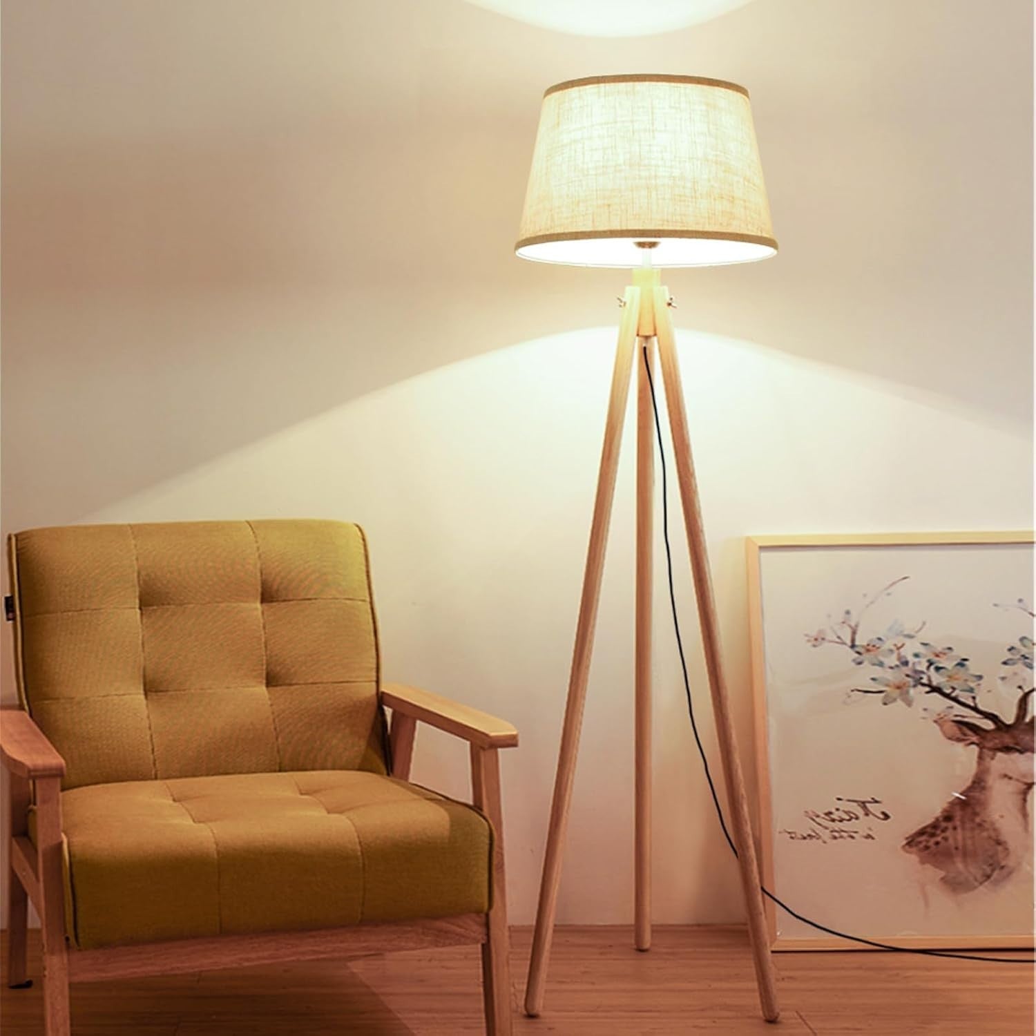 Tripod Floor Lamp Warm LED Reading Light Beige Shade Polished Wood