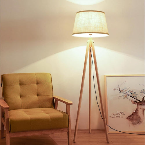 Tripod Floor Lamp Warm LED Reading Light Beige Shade Polished Wood