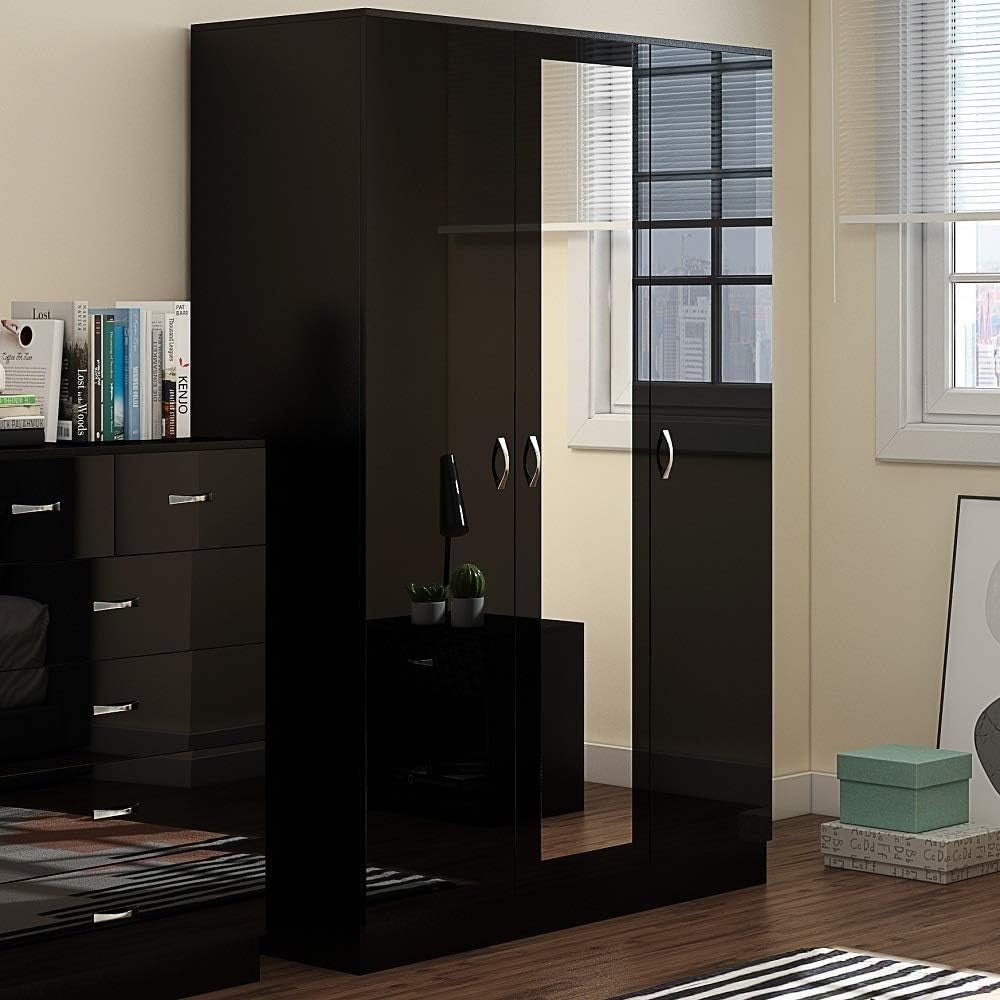 Black Gloss 3-Door Mirrored Wardrobe with Hanging Rails & Adjustable Shelves