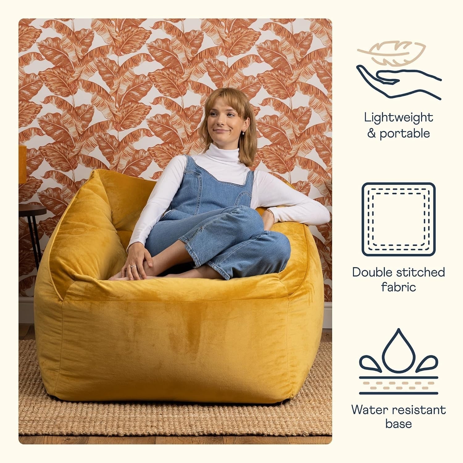Ochre Yellow Velvet Bean Bag Chair Adult Armchair Lounge Soft Seat Sofa