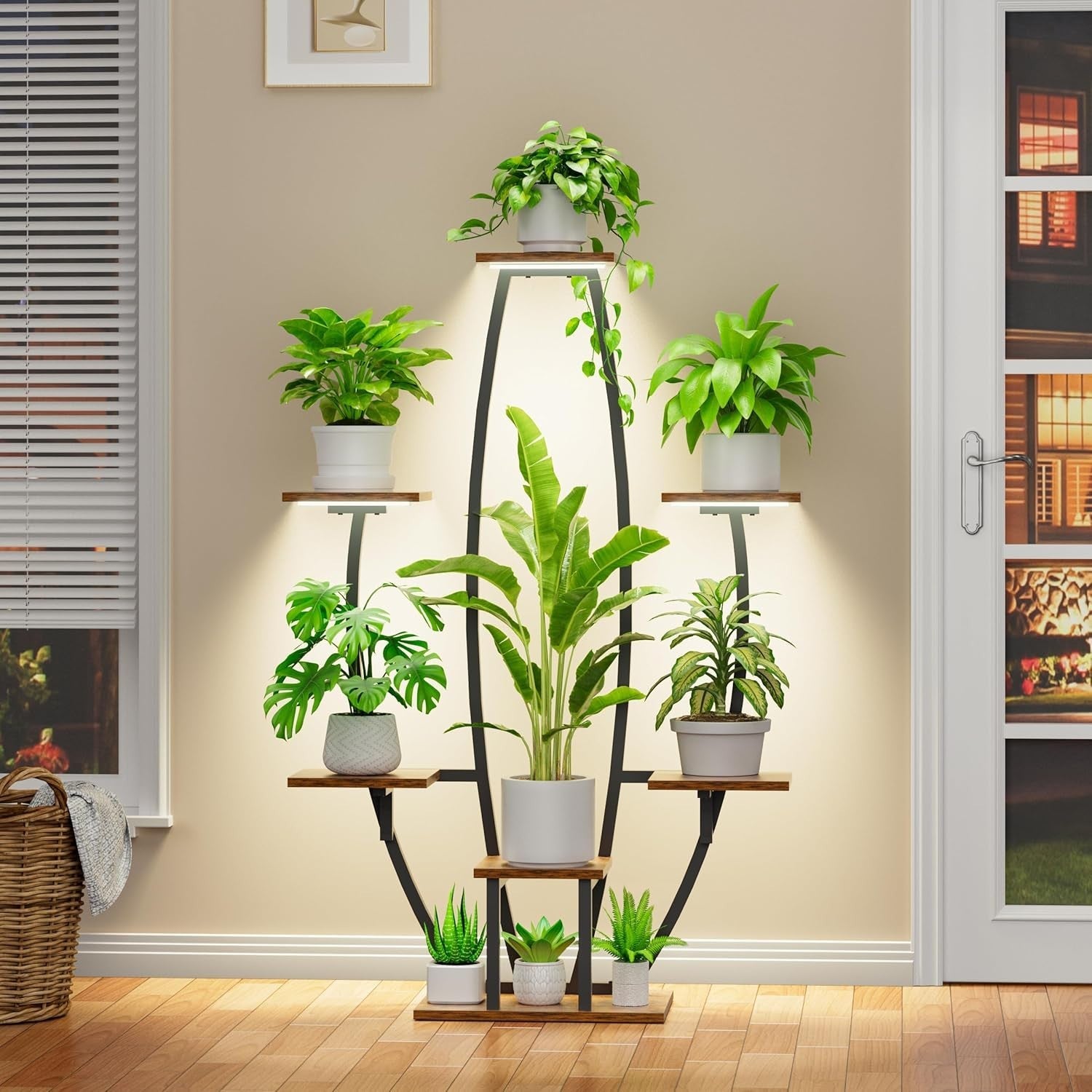 7-Tier Indoor Plant Stand with Grow Lights, Metal Corner Shelf Rack