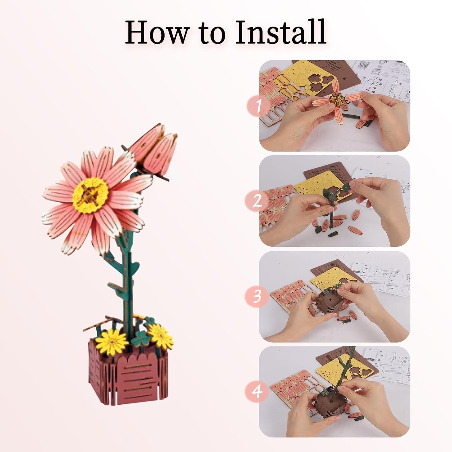 3D Wooden Flower Puzzle Kit – DIY Artificial Bouquet, Home Decor Gift