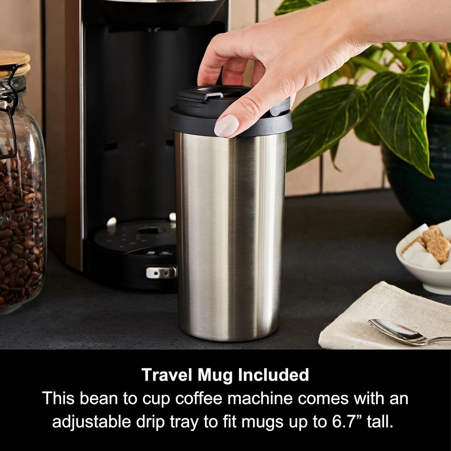 Single Cup Bean-to-Cup Coffee Maker with Grinder + Travel Mug | Fast Brew 900W