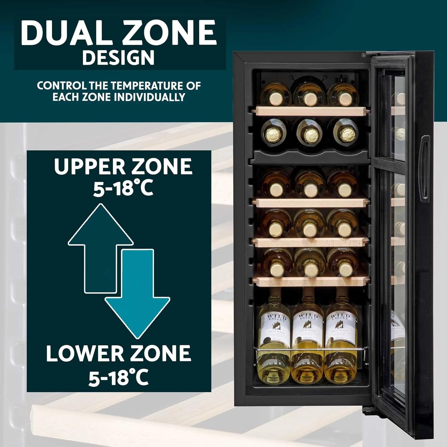 Dual Zone Wine Cooler Fridge Touch Screen LED Glass Door 18 Bottle Black