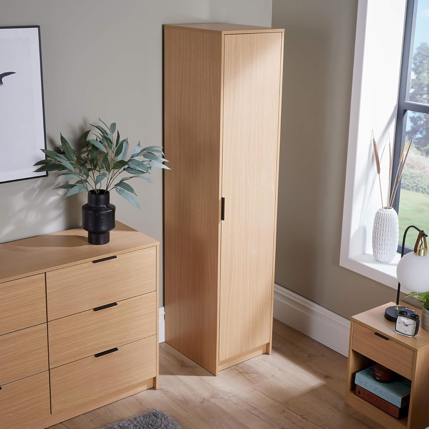 Slim Oak Effect 1-Door Wardrobe with Shelf & Hanging Rail – Compact Storage