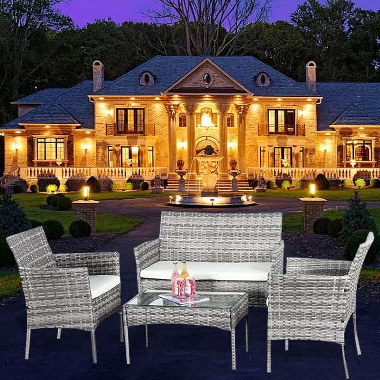 4-Piece Mix Grey Rattan Garden Patio Sofa Set with Tempered Glass Table