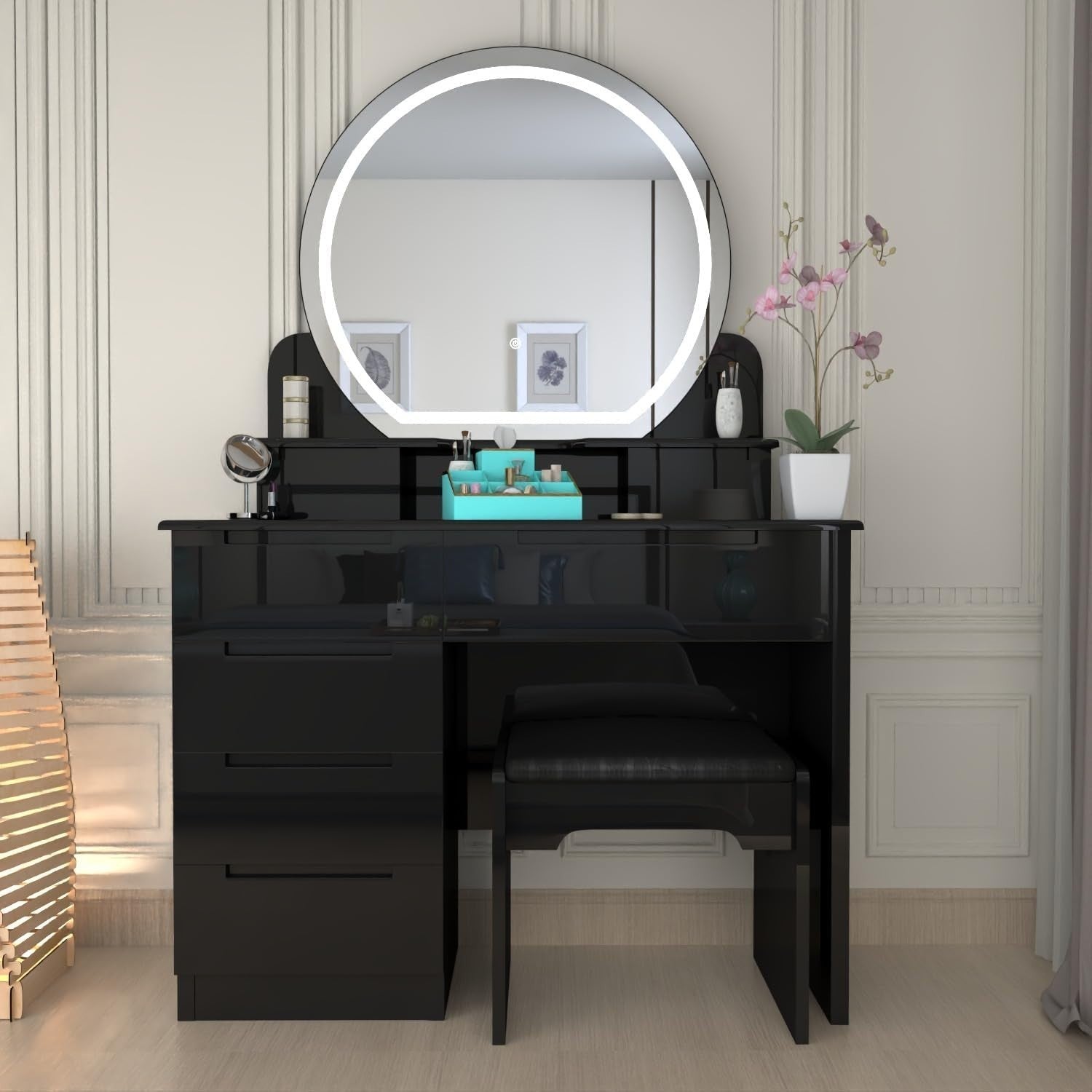 Modern Black High Gloss Dressing Table 5 Drawer Makeup Vanity Dresser Set