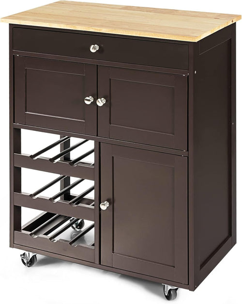 Kitchen Island Trolley with Storage Cabinet Drawer Wine Rack Rolling Cart