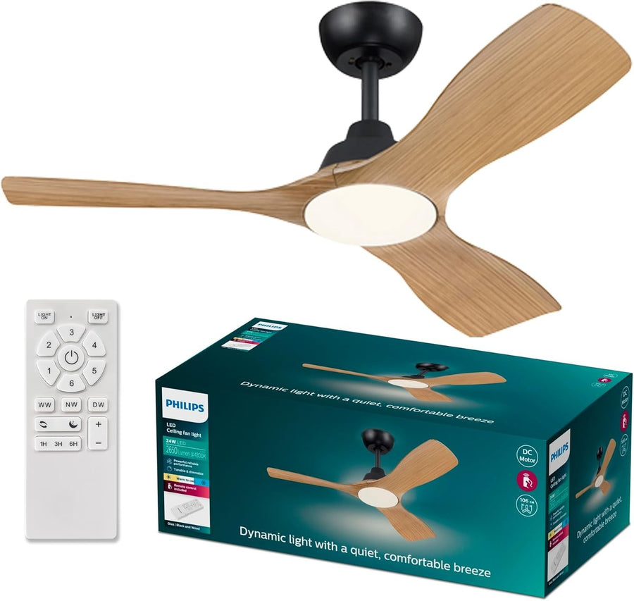 Philips Olas 42" Ceiling Fan, 3 Blades, 24W LED, DC Motor, Dimmable, Black/Wood