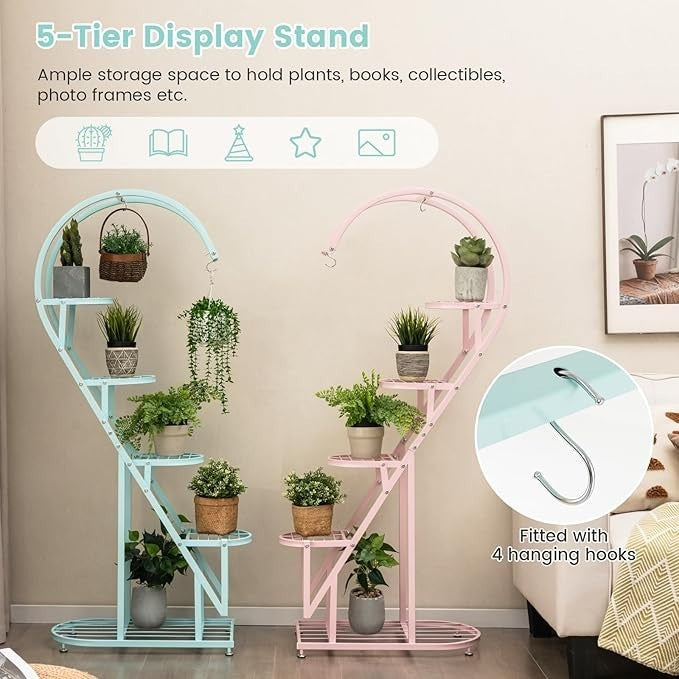 5 Tier Heart Shaped Metal Plant Stand Pink Blue Flower Shelf Indoor Outdoor Rack