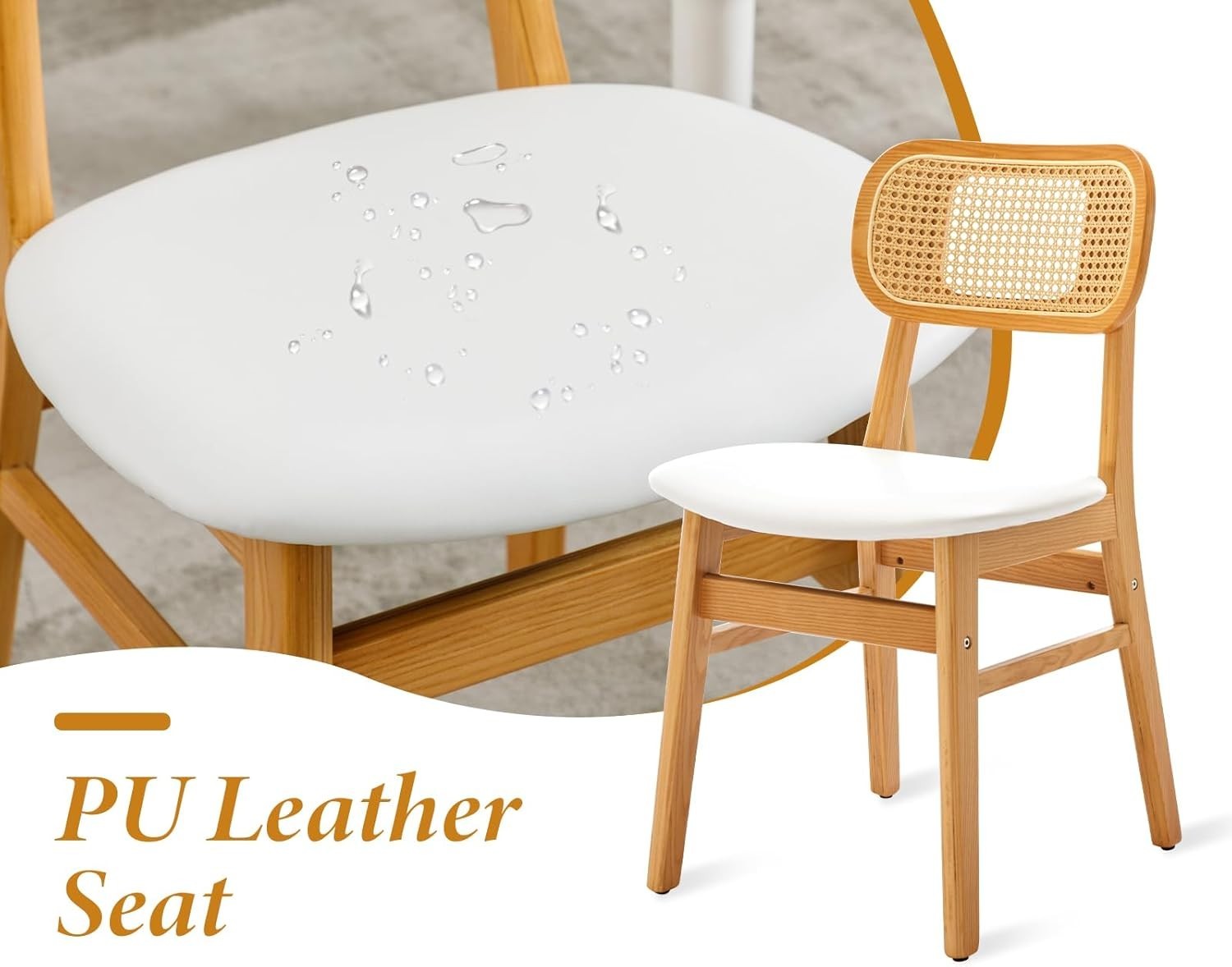 White PU Leather Dining Chairs Set of 2 Wooden Frame Rattan Back Kitchen