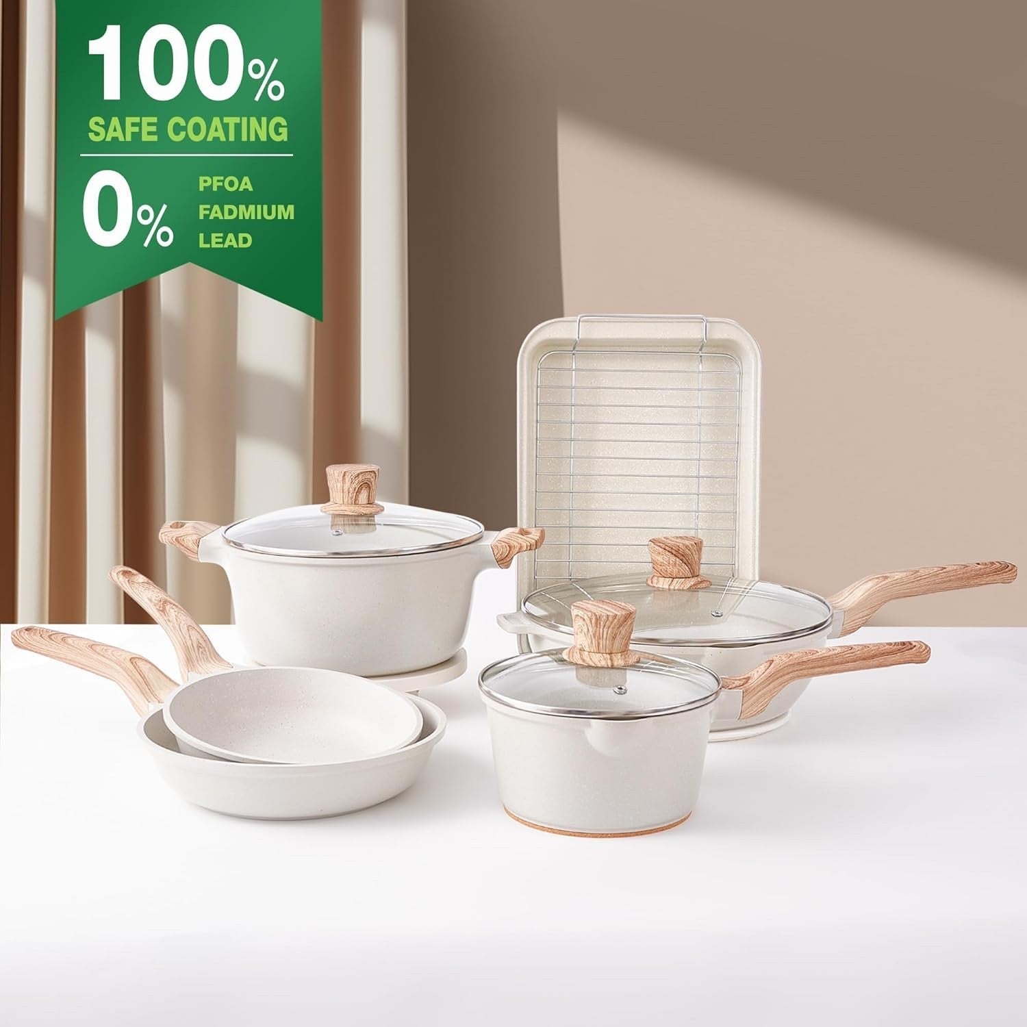 11Pcs Beige Non-Stick Cookware & Baking Set with Lids, Induction Compatible