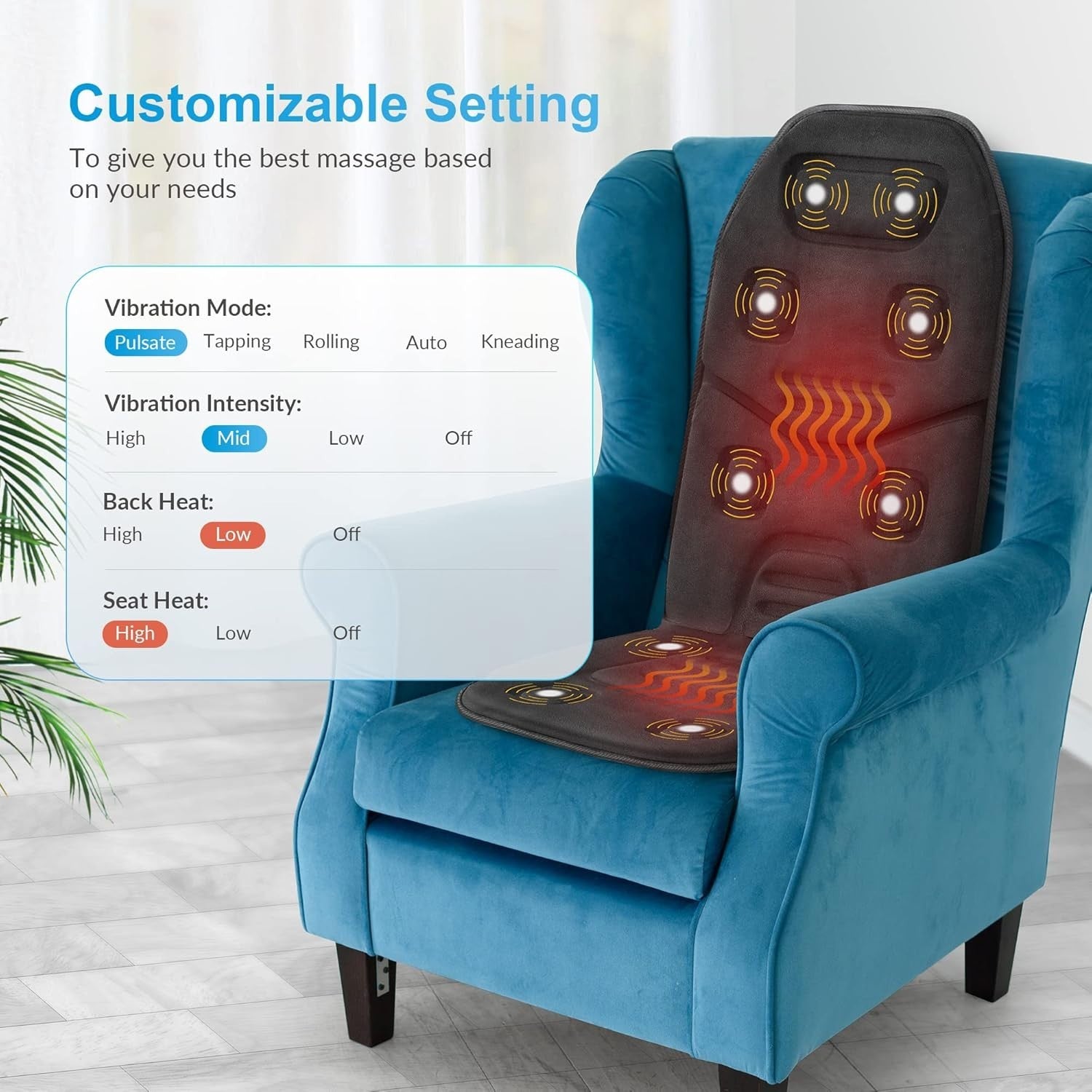 Vibration Back Massager Seat Pad Heat 10-Motor Lumbar Chair Cushion Home Office