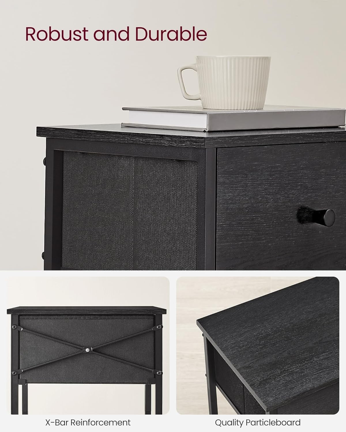 Tall Bedside Table with Drawer & Shelf, Modern 24-Inch Nightstand in Black