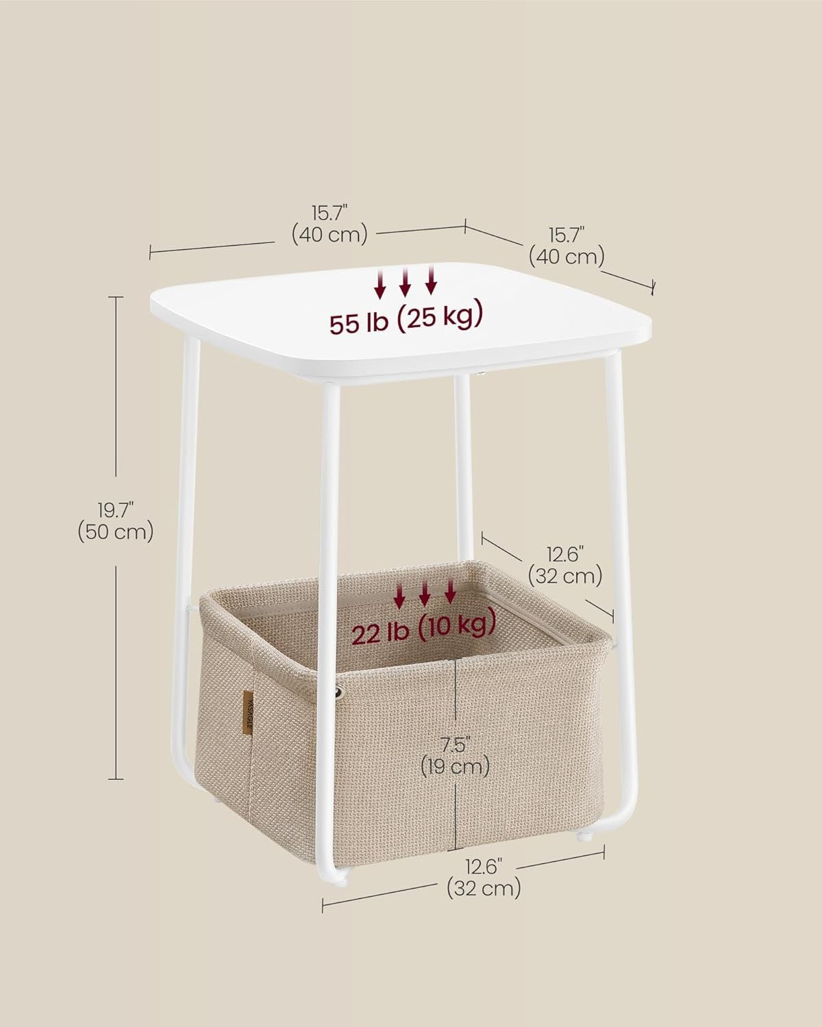 Modern White Bedside Table with Fabric Storage Basket, Small Side Table