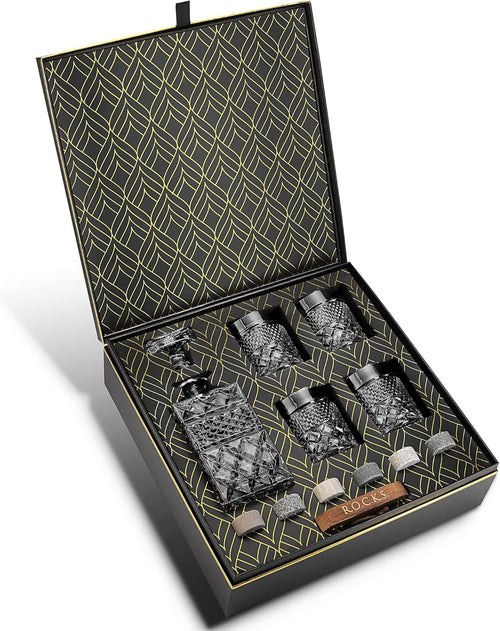 Luxury Whiskey Decanter Gift Set with 4 Crystal Glasses & Granite Chilling Stone