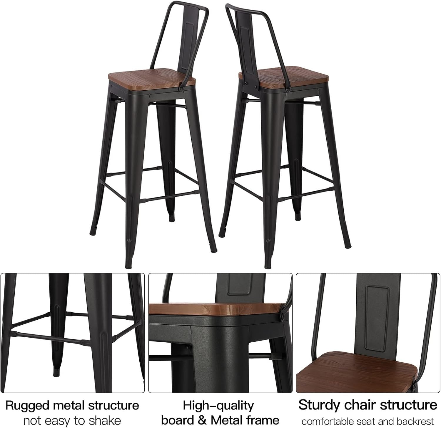 Set of 6 Industrial Black Bar Stools with Backrest & Footrest – Wood & Metal