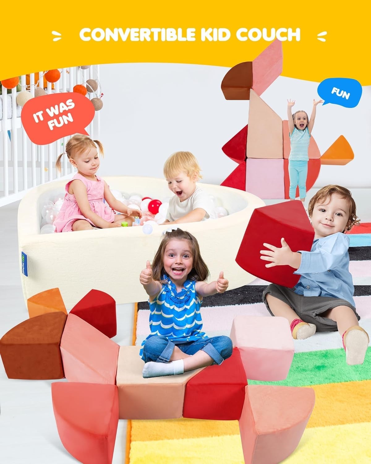 Modular Heart-Shaped Kids Sofa with Ball Pit – Soft Puzzle Play Couch
