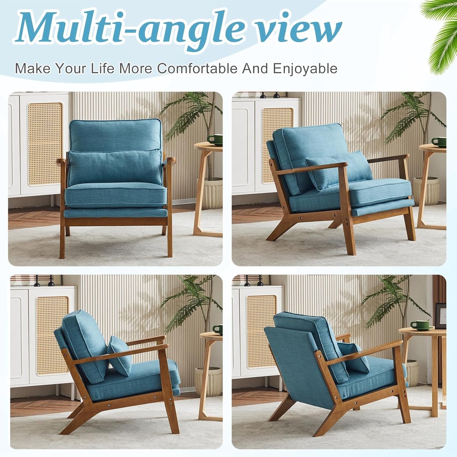 Blue Accent Armchair Solid Wood Lounge Chair Wide Arm Cushioned